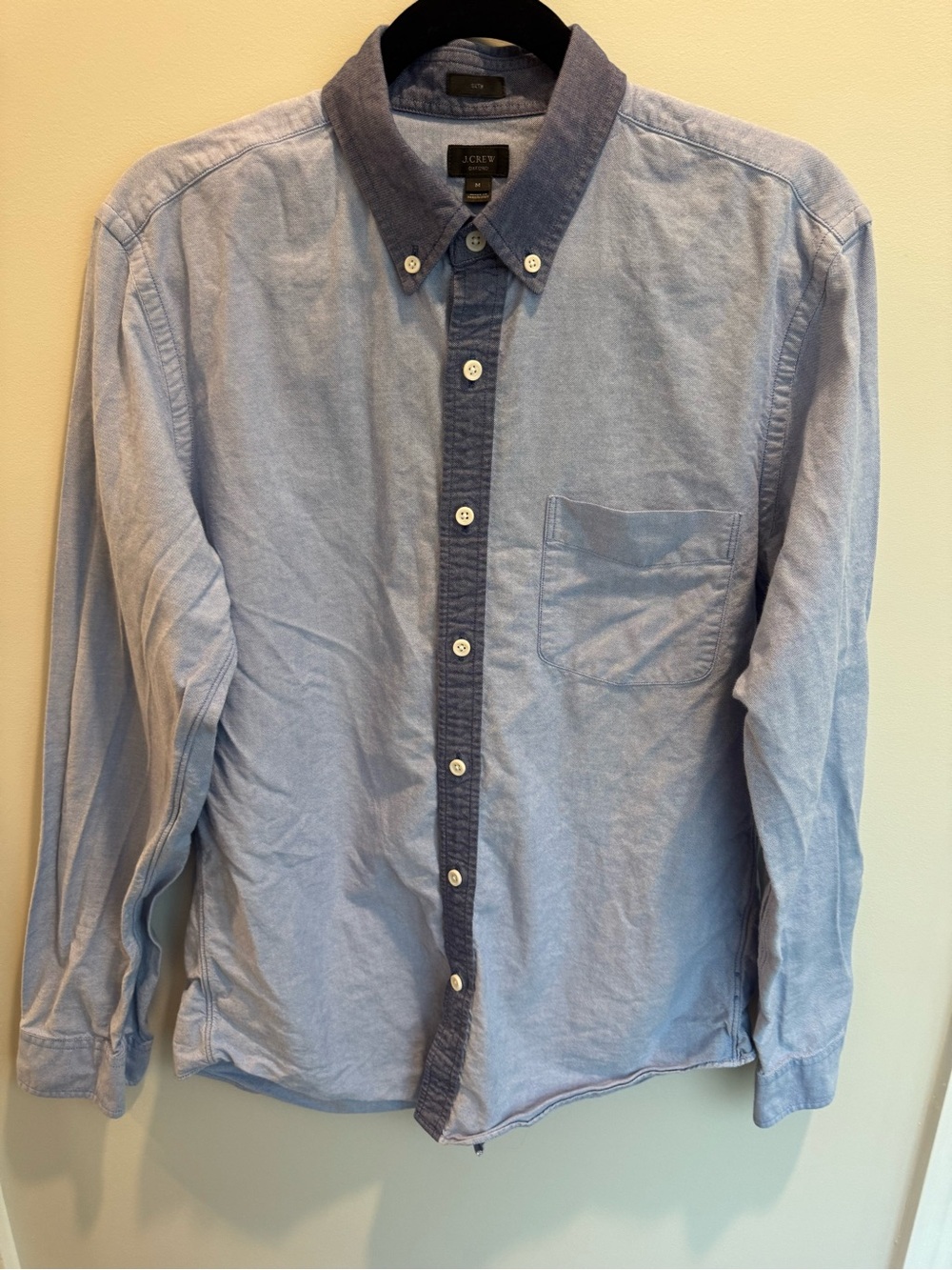 J. Crew Light Blue Button-Down Oxford Shirt with Dark Navy Blue Trim - Men’s Med